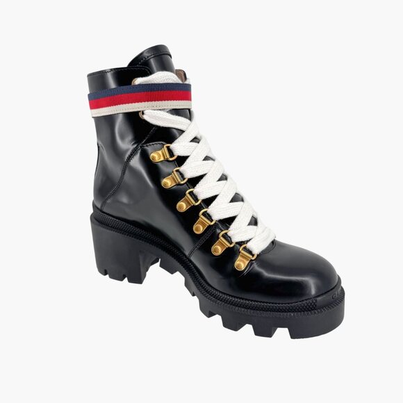 Gucci Sylvie Trip Black Leather Lace Up Combat Boots Size 36.5 US 6.5 Women's - Picture 13 of 15